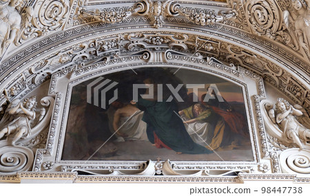 14th Stations of the Cross, Jesus is laid in the tomb and covered in incense, fragment of the dome in Salzburg Cathedral 14th Stations of the Cross, Jesus is laid in the tomb and covered in incense, fragment of the dome in Salzburg Cathedral 98447738