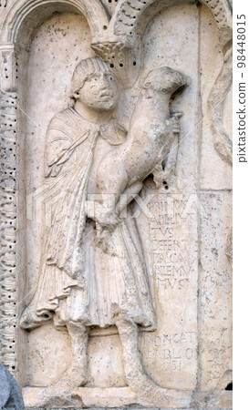 Plate with stories from Genesis: Story about Abel and Cain, The sacrifice of Cain and Abel, relief by Wiligelmo, Modena Cathedral, Italy Plate with stories from Genesis: Story about Abel and Cain, The sacrifice of Cain and Abel, relief by Wiligelmo, Modena Cathedral, Italy 98448015