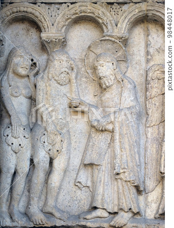The Rebuke of Adam and Eve relief by Wiligelmo, Modena Cathedral, Italy The Rebuke of Adam and Eve relief by Wiligelmo, Modena Cathedral, Italy 98448017