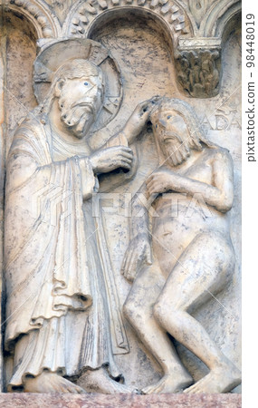 Plate with stories from Genesis: Creation Of Adam relief by Wiligelmo, Modena Cathedral, Italy 98448019