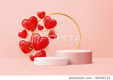 Realistic red heart and 3D cylinder pedestal podium. Valentine's minimal scene for products showcase, Promotion display. Vector for greeting cards, promotions, posters or social media post 98448124