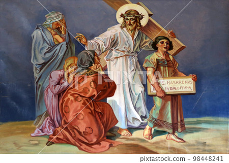 8th Stations of the Cross, Jesus meets the daughters of Jerusalem, Church of St. Aloysius in in Travnik, Bosnia and Herzegovina 98448241