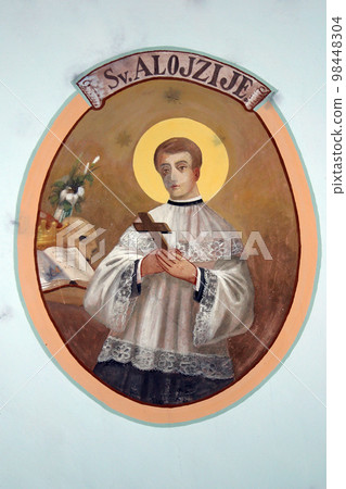 Saint Aloysius Gonzaga, fresco in the parish church of St. Catherine of Alexandria in Zagorska Sela, Croatia Saint Aloysius Gonzaga, fresco in the parish church of St. Catherine of Alexandria in Zagorska Sela, Croatia 98448304