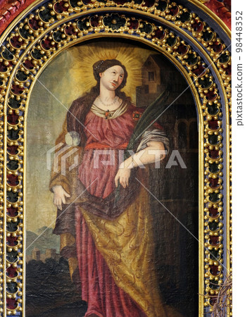 St. Barbara, a virgin and a martyr, a protector of miners and a good death, altarpiece in the Church of the Saint Barbara in Velika Mlaka, Croatia 98448352