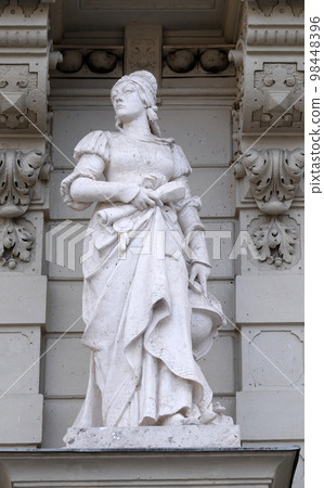 Statue of Science, allegorical representation, detail of Rathaus Town Hall, Graz, Styria, Austria 98448396