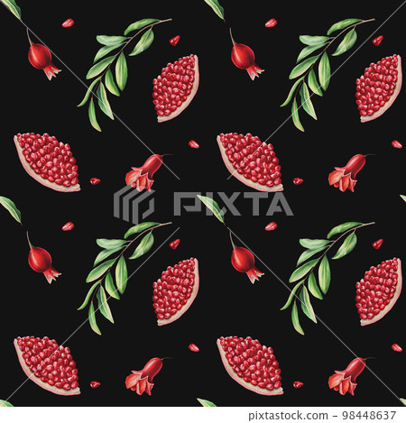 Watercolor seamless pattern with pomegranate seeds and flowers and leafs. Hand drawn realistic tasty organic garnet red fruit isolated on white background. For designers, Valentine's Day Cards, Party 98448637
