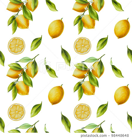 Watercolor seamless pattern with fresh ripe lemon with bright green leaves and flowers. Hand drawn cut citrus slices painting on white background. For designers, postcards, party Invitations, wrapping 98448648