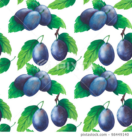 Pattern of watercolor plum tree branches with green leaves and fruits Pattern of watercolor plum tree branches with green leaves and fruits 98449140