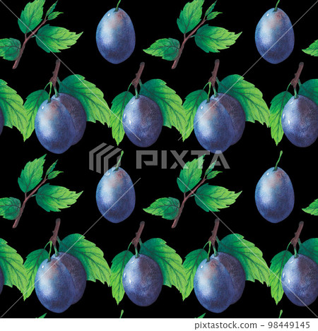 Pattern of watercolor plum tree branches with green leaves and fruits Pattern of watercolor plum tree branches with green leaves and fruits 98449145