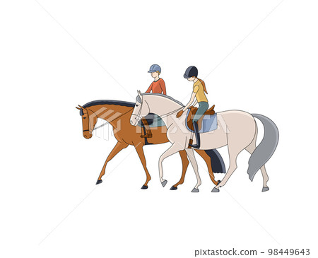 Two friends are walking on horseback after training Two friends are walking on horseback after training 98449643