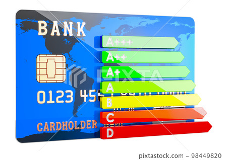 Credit card with energy efficiency chart, 3D rendering isolated Credit card with energy efficiency chart, 3D rendering isolated 98449820