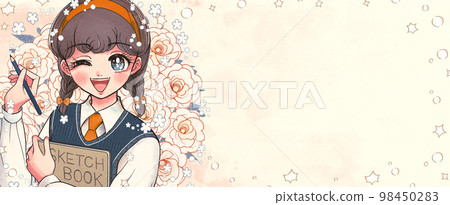 Fashionable high school student banner with girl manga style sketchbook Fashionable high school student banner with girl manga style sketchbook 98450283