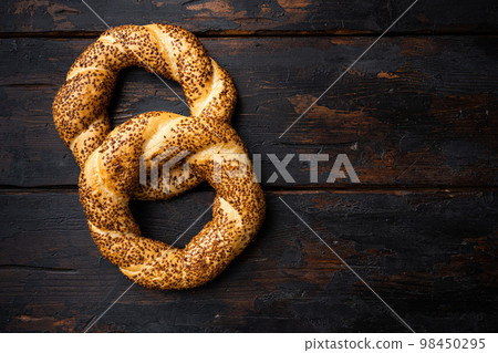 , on old dark  wooden table background, top view flat lay, with copy space for text 98450295