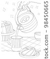 Still life from teapot, cup, cake. Vector coloring antistress 98450665