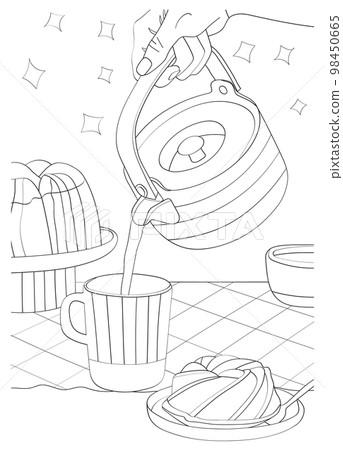 Still life from teapot, cup, cake. Vector coloring antistress Still life from teapot, cup, cake. Vector coloring antistress 98450665