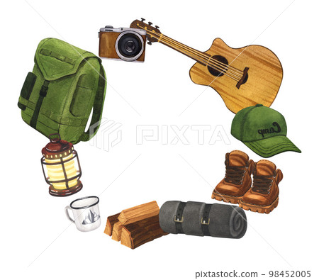 Watercolor round composition campsite with camera, backpack, gitar, boots, cup. Hand-drawn illustration hiking isolated on white background. For sticker: traveling, trip, banner, flyer, template. 98452005