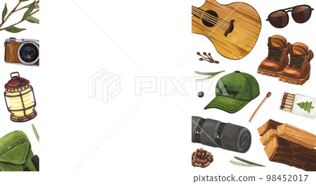 Watercolor composition campsite with campfire, backpack, gitar, boots, camera. Hand-drawn illustration hiking isolated on white background. For sticker: traveling, trip, banner, flyer, template. 98452017