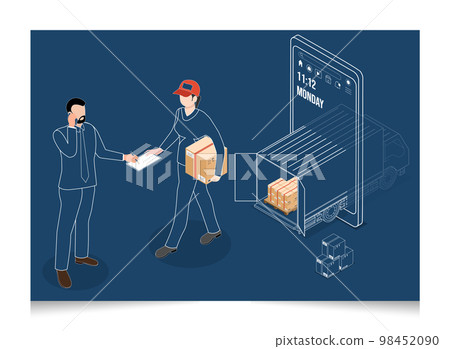 3D isometric Logistics and Delivery services concept with People receive the box from the courier, who also hands him the paperwork to sign as receipted. Vector illustration eps10 3D isometric Logistics and Delivery services concept with People receive the box from the courier, who also hands him the paperwork to sign as receipted. Vector illustration eps10 98452090