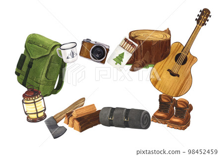 Watercolor round composition campsite with camera, backpack, gitar, boots, cup. Hand-drawn illustration hiking isolated on white background. For sticker: traveling, trip, banner, flyer, template. 98452459