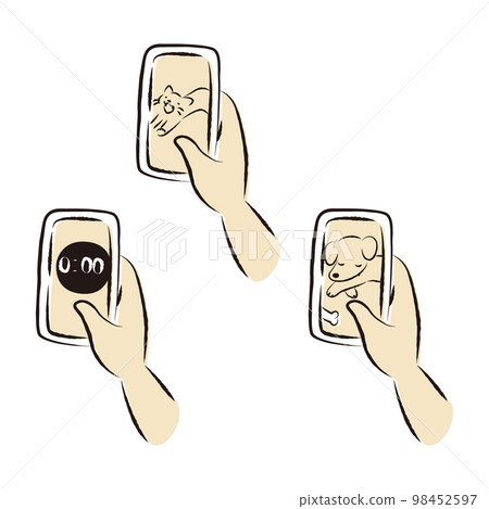 Illustration set holding a smartphone (dog, cat, timer) 98452597