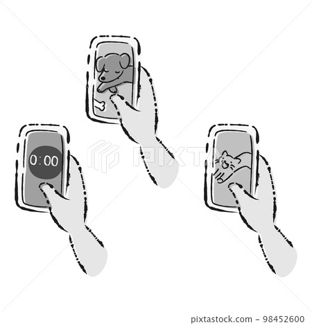 Illustration set holding a smartphone (dog, cat, timer) 98452600