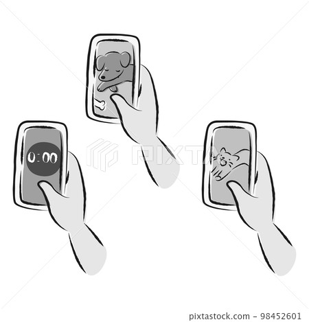 Illustration set holding a smartphone (dog, cat, timer) Illustration set holding a smartphone (dog, cat, timer) 98452601