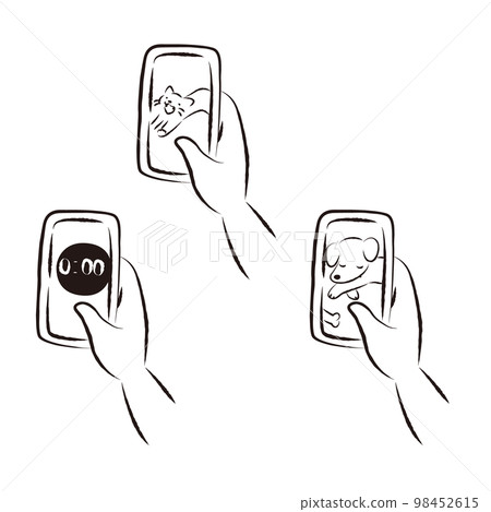 Illustration set holding a smartphone (dog, cat, timer) 98452615