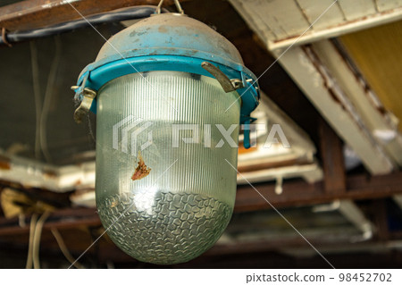 An old vintage lantern covered with dust and cobwebs under the garage roof 98452702