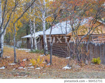 Beautiful wooden house in autumn woods, and first snow 98452731
