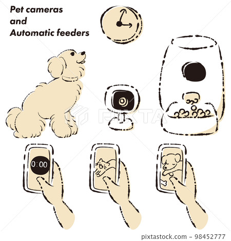 Illustration set of automatic pet feeder, dog, smartphone, pet camera Illustration set of automatic pet feeder, dog, smartphone, pet camera 98452777