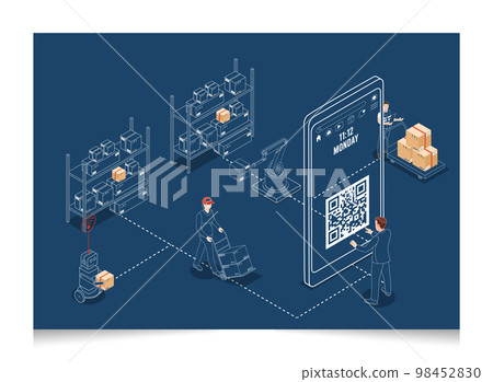 3D isometric Logistics and Delivery services concept with a customer tries to scan a qrcode to make a phone order from a seller. Vector illustration eps10 3D isometric Logistics and Delivery services concept with a customer tries to scan a qrcode to make a phone order from a seller. Vector illustration eps10 98452830