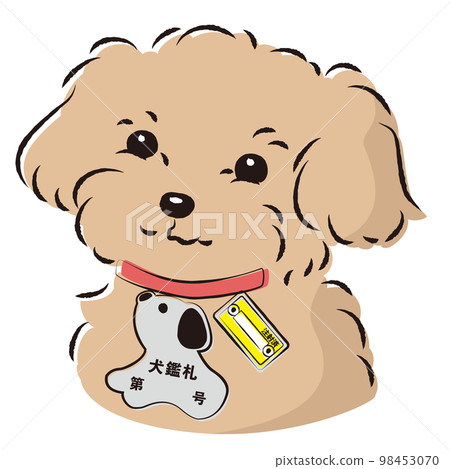 Illustration of a dog with a dog license and a rabies vaccination vote attached to its collar Illustration of a dog with a dog license and a rabies vaccination vote attached to its collar 98453070