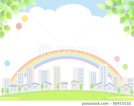 藍天、彩虹、草地、建築物和樹葉 城市和綠色風景 98453538