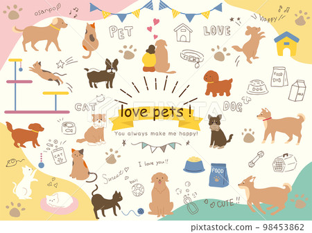 Set of handwritten dog, cat and pet supplies icons Set of handwritten dog, cat and pet supplies icons 98453862