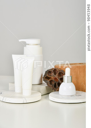 Natural skincare beauty product, Cosmetic white bottle containers packaging Natural skincare beauty product, Cosmetic white bottle containers packaging 98453948