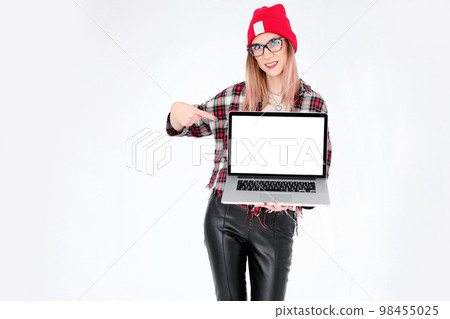 Woman with laptop white background casual freelancer top view Woman with laptop white background casual freelancer top view 98455025