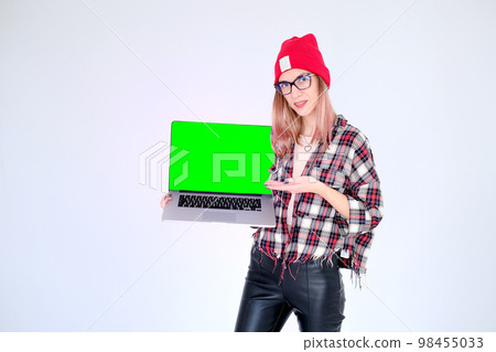 Woman with laptop white background casual freelancer Woman with laptop white background casual freelancer 98455033