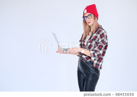 Woman with laptop white background casual freelancer 98455039