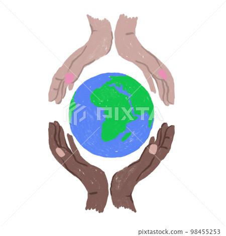 Hand drawn illustration of Earth Day globe planet ecology protection, human hands holding. Blue green sphere with ocean land, ecological environmental concept, pollution icon symbol, cartoon style. Hand drawn illustration of Earth Day globe planet ecology protection, human hands holding. Blue green sphere with ocean land, ecological environmental concept, pollution icon symbol, cartoon style. 98455253