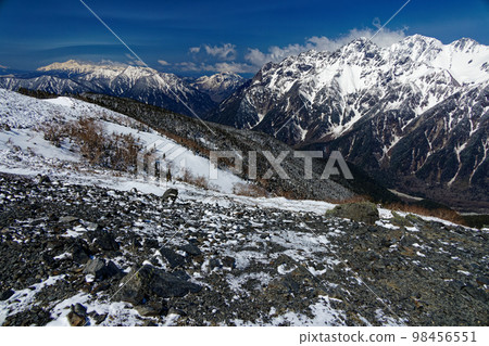 The remaining snow on the Hotaka mountain range and Mt. Yakedake and Mt. Norikura seen from Mt. 98456551