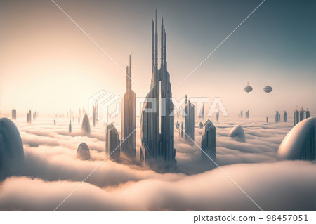 Top of skyscrapers building high above the clouds in the morning sunrise Top of skyscrapers building high above the clouds in the morning sunrise 98457051