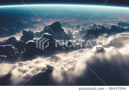 Splendid cloudscape above earth's atmosphere with starry space at horizon. 98457094