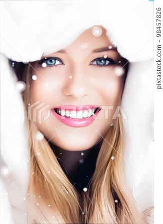 Happy holidays, beauty and winter fashion, beautiful woman wearing white fluffy fur coat, snowing snow as Christmas, New Year and holiday lifestyle portrait style 98457826