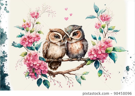 Cute little owl in love on romantic Valentine's day hand drawn cartoon style 98458096