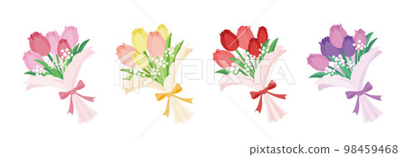 Illustration set of color variations of tulips and hazel grass bouquets 98459468