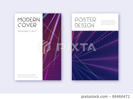 Minimal cover design template set. Violet abstract lines on dark background. Delicate cover design. Comely catalog, poster, book template etc. 98460472