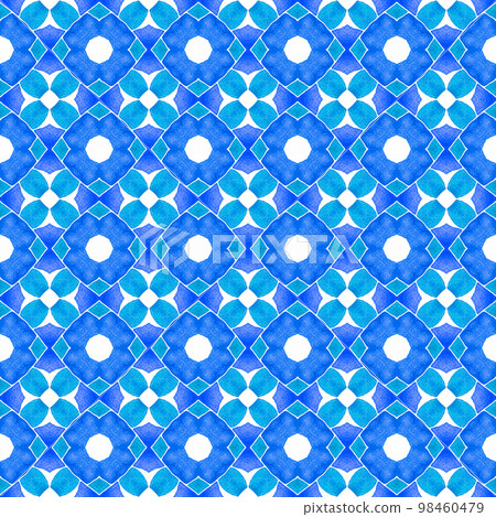 Textile ready modern print, swimwear fabric, wallpaper, wrapping. Blue fresh boho chic summer design. Watercolor ikat repeating tile border. Ikat repeating swimwear design. 98460479