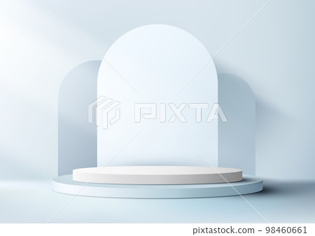3D realistic empty blue and white podium cylinder shape product display with blue rounded backdrop 3D realistic empty blue and white podium cylinder shape product display with blue rounded backdrop 98460661