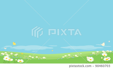 Spring background illustration Blue sky, field flowers and butterflies Spring background illustration Blue sky, field flowers and butterflies 98460703