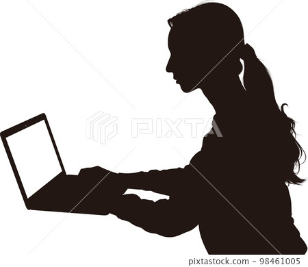 在筆記本電腦前工作的女性剪影 在筆記本電腦前工作的女性剪影 98461005